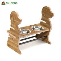 Cute design dog shape Bamboo wood natural material dog Adjustable Drinking Fountains dog Bowls Feeder with two Drawers