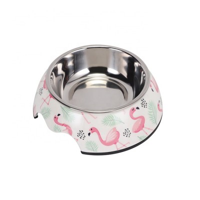 LOW MOQ Custom Print Cheap Bulk Plastic Anti Slip Melamine Dog Bowl Feeder With Stainless Steel Bowl