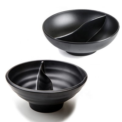 8.9 inch Japanese Korean Style Black Plastic Dinnerware Round Melamine Divided Bowl